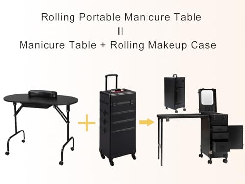 Image of Portable Manicure Table with 3 Drawers, Rolling Foldable Nail Desk with Detachable Mirror, Professional Makeup Train Case with Wheels and TSA Lock for Nail Techs & Salon Use