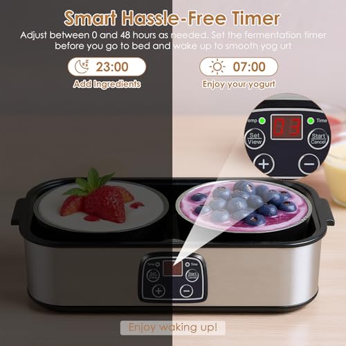 2000ml Yogurt Maker with 2 x 1000ml Glass Jars, LED Display, Adjustable Temp & Timer, Electric Yoghurt Maker Machine for Making Organic Yogurt, Natto, Healthy Homemade Desserts