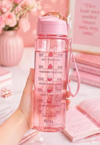 Image of RKZ Motivational Water Bottle with Time Marker and Sipper, Multicolor, Plastic, 900 ml