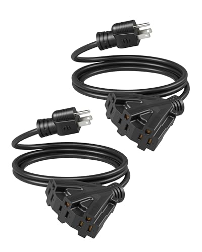 DEWENWILS 6FT Extension Cord, Tri-Tap Extension Cord Splitter, 3 Outlet 16/3 SJTW Power Cable for Landscape Lighting String Lights, 13A/125V/1625W, ETL Listed, Black, 2 Pack