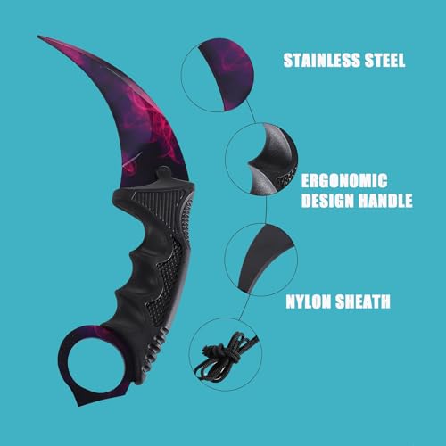 Image of Karambit Knife Fixed Blade Tactical Camping Tool, 2 Pieces Stainless Steel Outdoor Hunting Knife with Sheath and Cord, Suitable for Hiking, Adventure, Survival and Collection (Color&Purple)