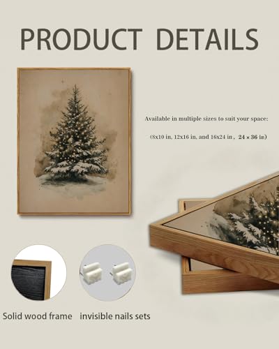 Image of KISSFOX Vintage Christmas Tree Framed Wall Art Watercolor Snowy Canvas Art Rustic Winter Evergreen Tree Paintings Art Prints Modern Farmhouse Pictures Wall Decor For Kitchen Bedroom Living Room