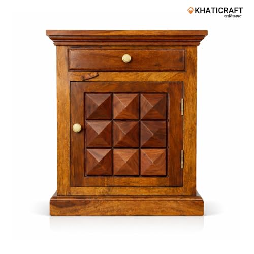 Image of Solid Sheesham Wood Stupa Bedside Table with Drawer and Door Storage for Bedroom Furniture | Wooden Bedside End Tables | Nightstand Side Table for Living Room Home and Hotels (Honey Finish)