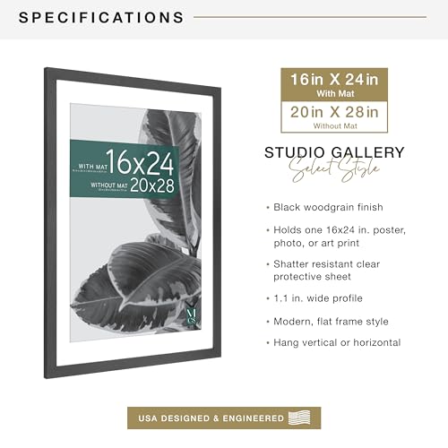 MCS Studio Gallery 20x28 Matted Poster Frame with 16x24 Picture Display, Black Woodgrain Vertical & Horizontal Wall Hanging Large Picture Frame for Photos, Posters & Art Prints (1-Pack)