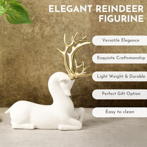 Image of ARMONIA Premium White Reindeer Figurine with Golden Antlers, Home Decor, Lightweight and Durable | Resin Golden & White Reindeer Sculptures | Energy of Your Room Figurine for Home Decor Gift,Christmas