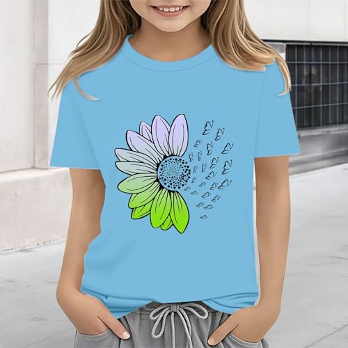 Girls Loose Fit Sunflower Graphic T Shirts Short Sleeve Crewneck Cute Pattern Printed Tops (D-Sky Blue, 12-13 Years)4