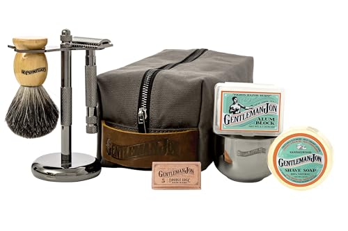 Deluxe Vintage Wet Shave Grooming Set for Men - Safety Razor, Brush, Alum Block, Soap, Bowl, Blades, Stand & Dopp Kit