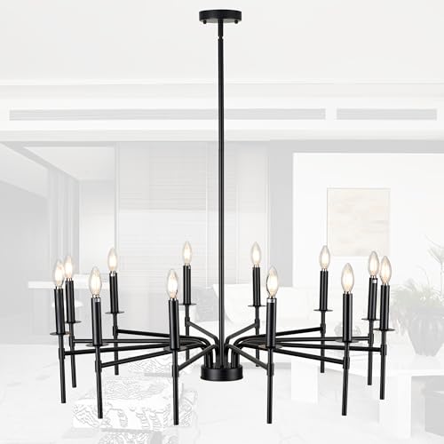 12-Light Black Pendant Light, Modern Farmhouse Dining Room Light Fixtures Over Table, Industrial Metal Geometric Kitchen Chandelier for Entryway Hallway Foyer Bedroom