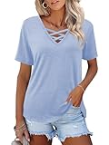 Heymiss Tops for Women Trendy Short Sleeve Blouses Summer Shirts Loose Fit Tees Light Blue