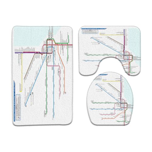 Badkamertapijt, 3-delig, metroplan, route van de transportautoriteit, aangepast ontwerp, U-contourmat, antislip, absorberend, voor douche