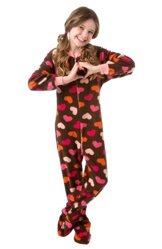 BIG FEET PAJAMA CO. Brown Pink Hearts One Piece Girls Youth Kids Footed Onesie Fleece Footie Pajamas