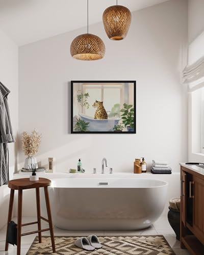Image of Leopard Black Framed Wall Art Poster Print, Animal Bathtub Restroom Wall Art Painting for Bathroom Decor Gallery Gallery 30 (Leopard 2, 24 inch L x 18 inch W, Black Frame)