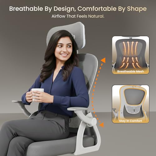 Image of Spark Ergonomic High Back Office Chair with 3D Adjustable Armrest, Adjustable Headrest, Lumbar Support, Revolving Mesh Chair - Home & Office | 3 Years Warranty (White-Grey)
