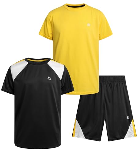 Image of RBX Boys Short Sets - 3 Piece Active Performance Short Sleeve Athletic Shirts and Gym Shorts With Elastic Waistband (4-12)