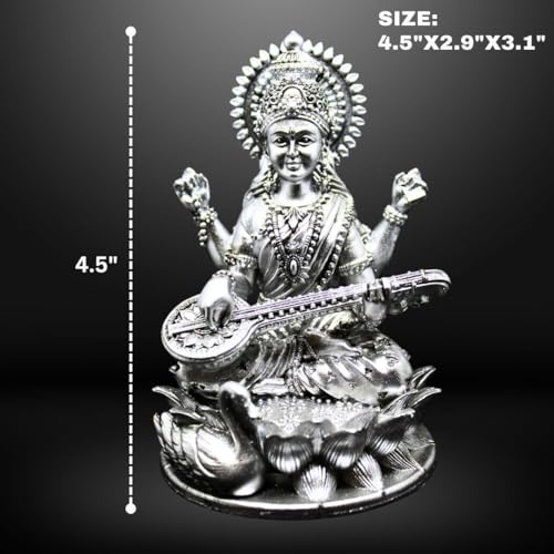 Image of Saraswati Devi Idol 4.5 inch Material Polystone Statuen Painted Brass, Antique Silver & White Finish Veena Vadini Maa Saraswati Murti Vasant Panchami for Home & Office Decor (Antique Silver)