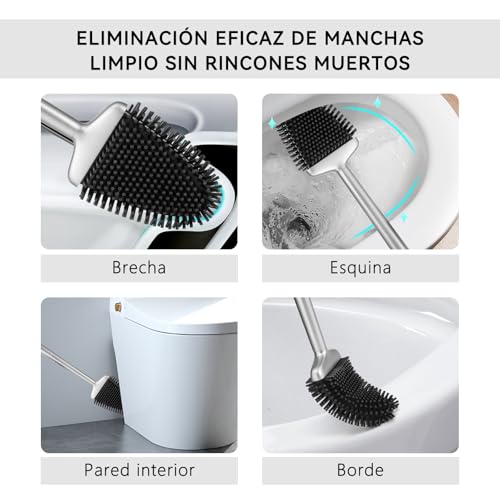 Miniatura 3 de Fowooyeen Escobillas De Baño, Escobilla Wc Silicona, Cepillo Toilet Plana De Mango Largo, Cepillo De Limpieza Wc Curvo De Pie Montado En La Pared, Escobilla Suave Para Baño, Wc E Inodoro - Plata Mate