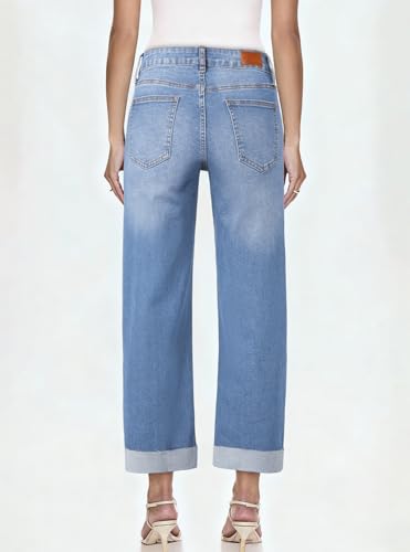 Image of Sidefeel Barrel Jeans for Women High Waisted Wide Leg Baggy Stretchy Trendy Raw Rolled Hem Capri Cropped Ankle Denim Pants