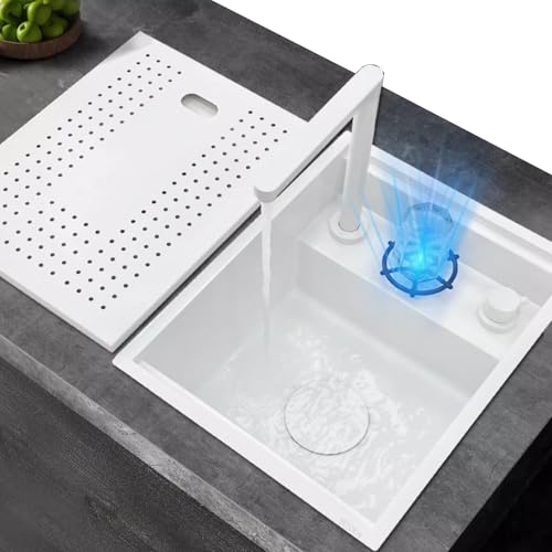 OIJKLA Fregadero Invisible Blanco Fregadero de Cocina con Tapa Fregadero de Barra con lavaplatos Grifo elevable Fregadero de Cocina Individual Fregadero de Acero Inoxidable Blanco (38x48x21cm)
