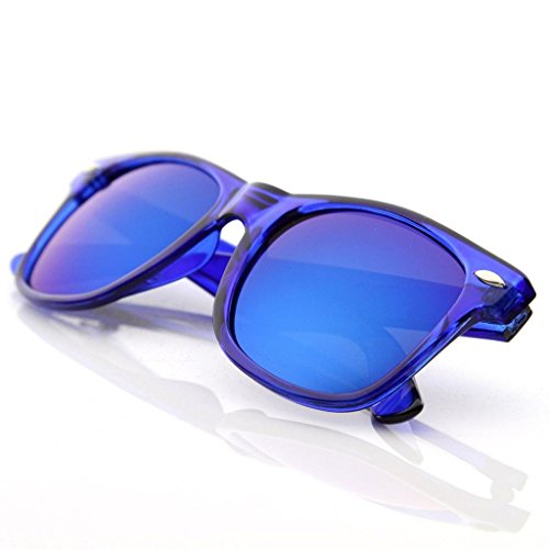 zeroUV Retro Bright Horn Rimmed Sunglasses with Colorful Mirrored Lenses - UV400 (Clear Blue/Ice)