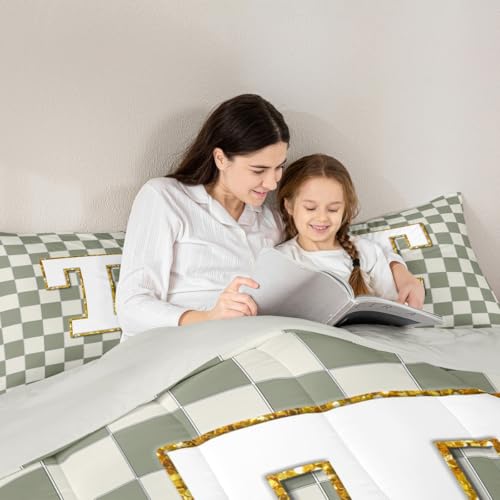 Image of Erosebridal Sage Green Checkered Bedding Set Full Plaid Initial T Comforter Set for Kids Adults Personalized Monogram Down Comforter,Fashion Grids Gingham Quilt Duvet