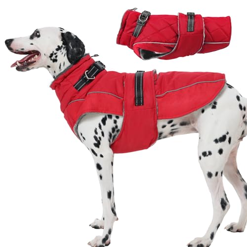 Katzinst Hundejacke Winter Schwarz L, Fleece Wintermantel Hunde mit Hohem Fleece-Kragen, Hundemantel mit Bauchschutz, Warmer Hundemantel Wasserbeständig für Dalmatiner, Cocker Spaniel, Rot, L