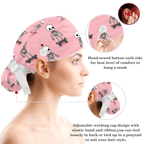 Image of Butterfly Scrub Cap Women with Ponytail & Buttons Adjustable Surgical Nurse Hat with Cotton Sweatband for Long Hair