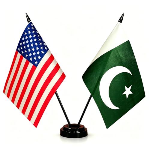 America & Pakistan Friendship Twin Desk Flag, US Pakistan Table Flags, 8 x 5 Inches American & Pakistani Deluxe Desk Flag Set - Miniature USA & Pakistan Stick Flag with Flag Stand