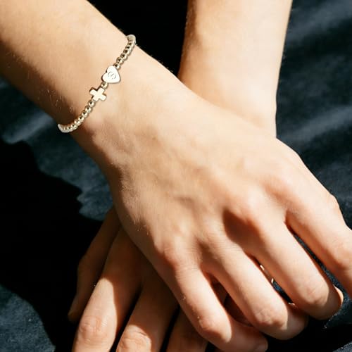 Mikovivi Women's Cross Bracelet with Initial Beads, Elastic Heart Alphabet Charm Stackable Beaded Bracelet Religious Christian Jewelry Gift (Letter S) by Mikovivi - Used condition - Image 6