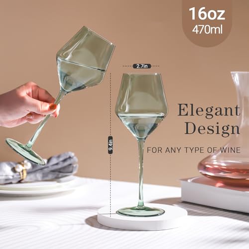 Colorsavant Sage Green Wine Glasses Set 6-16oz, Long Stem - Hand Blown Pale Sage Green Stemware for Wedding Deco