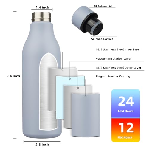 Image of BJPKPK Insulated Water Bottles, 18 oz Stainless Steel Metal Water Bottle with Strap, BPA Free Leak Proof Jugs, Mugs, Flasks, Reusable Thermal Flasks for Sports & Travel, Mist Grey