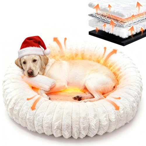 Self Warming Pet Bed, Donut Dog Bed for Large Dogs - Pet Bed with Removable Cover, Self-Heating Winter Pet Beds for Medium & Big Dogs, Egg Tart Design (L)