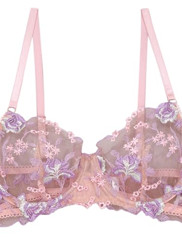 Image of Lilosy Sexy Leaf Floral Embroidered Mesh Sheer Belt Women Underwire Push Up Lingerie Set See Through Bra Panty 3 Piece Bloom Light Pink Medium