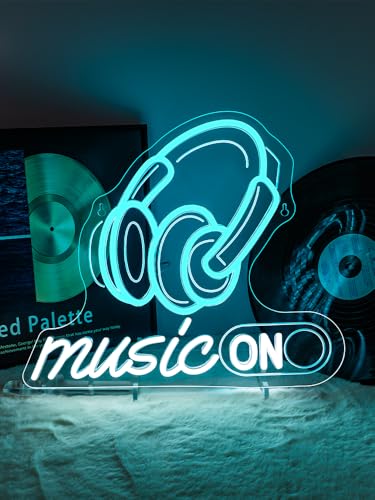 Image of Horseneon Music On Neon Sign Rhythmic LED Wall Decor for DJ Studios, Music Rooms & Gamer Setups, USB-Powered with Adjustable Brightness, Headphones Design