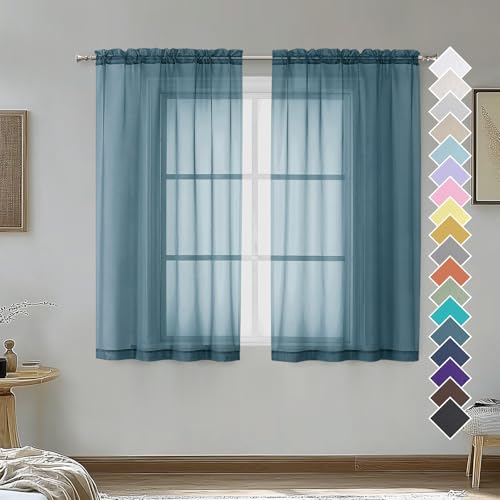 Image of OVZME Dusty Blue Sheer Curtains 45 Inches Long 2 Panels, Light Filtering Sheer Curtains for Bedroom, Elegant Airy Draperies for Living Room Nursery Room, Dual Rod Pocket, Each 42Wx 45L