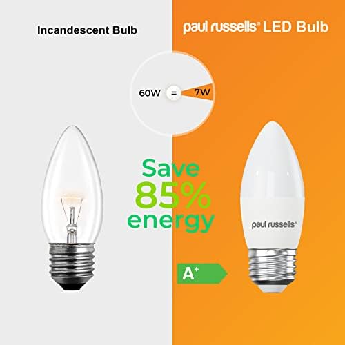 paul russells Edison Light E27, 60W Bulb, Cool White / Natural White 4000K, 7W 600lm LED Bulbs, ES C37 Candle Energy Saving Chandelier Lightbulbs, Non-dimmable, Pack of 3