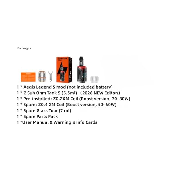 GEEKVAPE Aegis Legend 5 Kit - 200W Legend 5 Box Mod 5 Modes Vape avec GeekVape Z Sub Ohm Tank 5 Réservoir 7ml Z0.4XM + Z0.2XM Coil, Sans Batteries, sans nicotine
