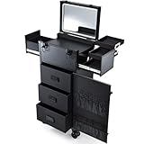 Rolling Makeup Case with LED mirror, Cosmetology Case on Wheels with Lighted Mirror, Professional Salon Trolley Cart with 3 Drawers,Travel Makeup Lockable Beauty Organizer with Live Stream Light