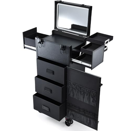 Rolling Makeup Case with LED mirror, Cosmetology Case on Wheels with Lighted Mirror, Professional Salon Trolley Cart with 3 Drawers,Travel Makeup Lockable Beauty Organizer with Live Stream Light