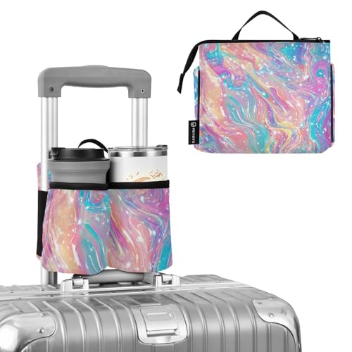 Image of Luggage Cup Holder for Suitcases Free Hands Suitcase Cup Holder Travel Luggage Drink Holder Portable Luggage Cup Caddy Bag Carrier with Handle Pink Liquid Gradient
