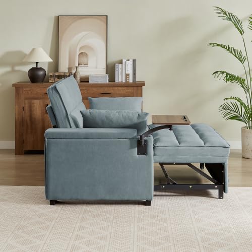 Image of KCGKCG 65 inch Pull-Out Sleeper Sofa Bed, Adjustable Backrest, Light Blue