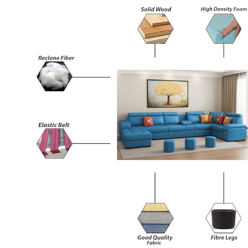 Image of Casaliving Emerson Modern U-Shaped Sectional Sofa Set 9 Seater, Sofa Couch with 3 Puffy for Hall (Turquise Colour) Premium Leatherette Fabric Sofa Set for Living Room