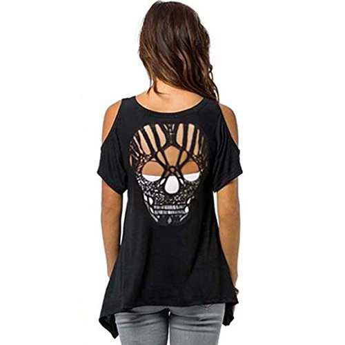 LDA Get Fresh Blusa Negra Fresca para Mujer Casual Corta, Hombro frío Corte de Camiseta de Manga Corta, Cráneo Hueco Sin Espalda Blusa-Grande
