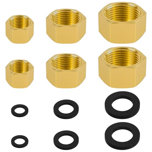6 PCS Brass Pipe Caps with Rubber Gaskets - Hex Compression End Caps for Gas & Water Lines, Brass Nut Gas line Water line Stop Valve Cap Pipes Plug Plumbing Fit for 1/4 3/4 3/8 Inch Pipe Connection