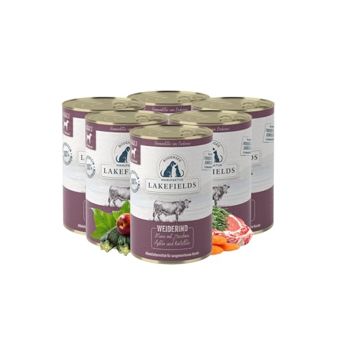 Lakefields Premium Hundefutter Nass | Rind 61% | 6 x 400g | Getreidefreies Nassfutter für Hunde | Natürliche Zutaten in Lebensmittelqualität | Äpfel, Zucchini & Karotten | Schonend gegart