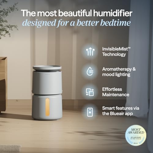 Image of BLUEAIR Room Humidifier - DreamWell - 72Hr Top-Fill Mist-Free InvisibleMist Technology Aroma Stone for Essential Oils and Soothing Mood Lighting - Quiet Operation for Bedroom and Home Use, Grey