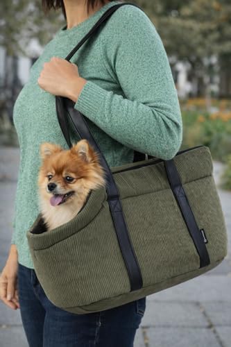 Hundetasche - Tragetasche Alessia Grün – 46x23x25cm – Polyester mit Rippcord – Öffnung Oben – herausnehmbares Kissen – Sicherheitsleine – Tragegriffe – Außentasche