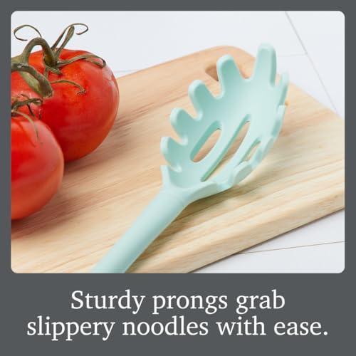 Image of Tovolo Pasta Claw Spaghetti Spoon Scoop Aqua Seafoam Green Silicone Pasta Spoon with Teeth, BPA Free Silicone Pasta Fork for Serving Spaghetti Linguine and Noodles, Heat Safe Pasta Serving Spoon