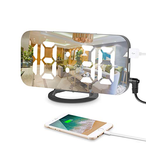 Reloj despertador digital, 6.5 Pulgadas Grande LED Espejo alarma Digital Moderno con Dual USB Puertos, Snooze y Luminancia Ajustable con 3 Niveles para Home Office Hotel