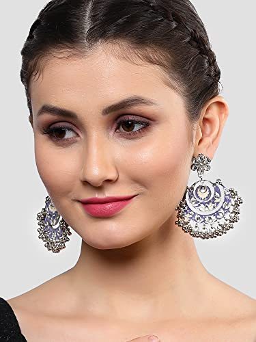 Karatcart Oxidised Silver Violet Meena Silver Ball Studded Kundan Chandbali Earrings for Women - Image 3