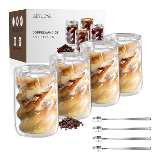 GEYUEYA Home Latte Macchiato Gläser 350ml 4er Set - Thermoglas Doppelwandige Kaffeegläser Mit Löffeln, Geschenke Für Frauen, Weihnachtsgeschenke
